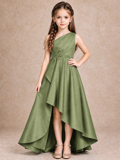 One Shoulder Satin Junior Bridesmaid Dress Lace Applique High Low Wedding Gown