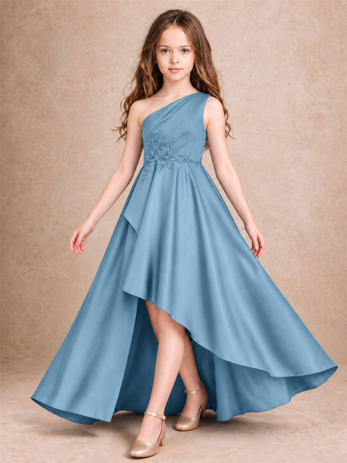 One Shoulder Satin Junior Bridesmaid Dress Lace Applique High Low Wedding Gown