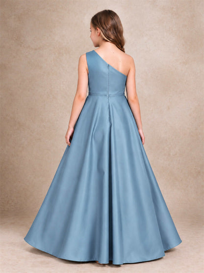 One Shoulder Satin Junior Bridesmaid Dress Lace Applique High Low Wedding Gown