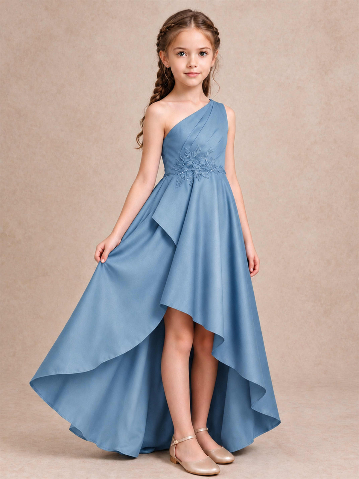 One Shoulder Satin Junior Bridesmaid Dress Lace Applique High Low Wedding Gown