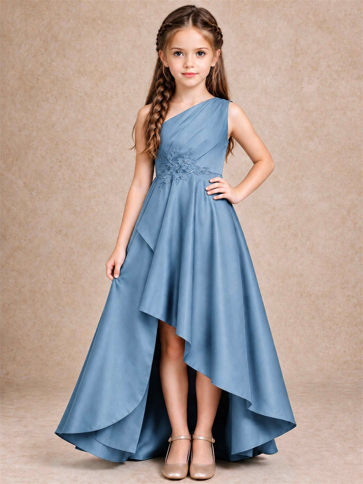 One Shoulder Satin Junior Bridesmaid Dress Lace Applique High Low Wedding Gown