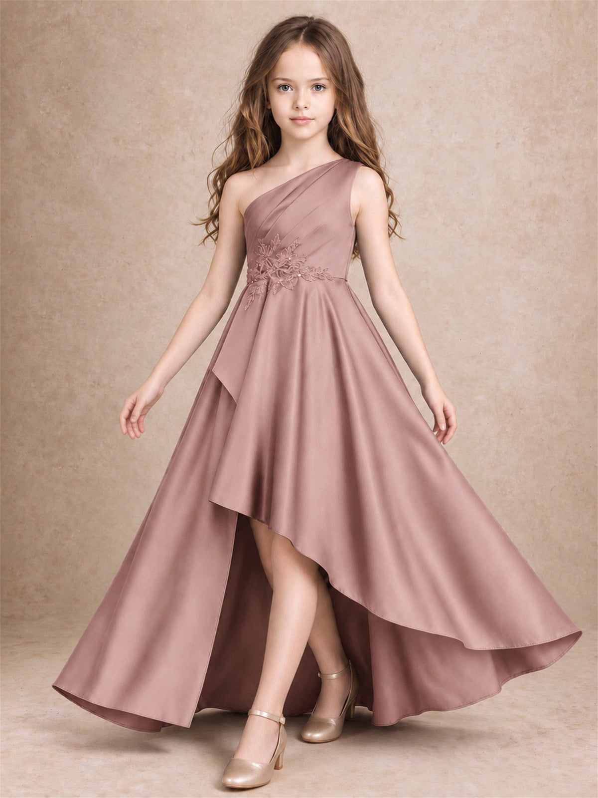 One Shoulder Satin Junior Bridesmaid Dress Lace Applique High Low Wedding Gown