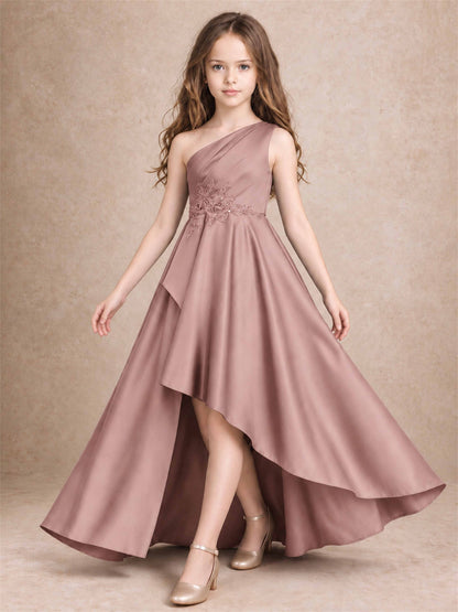 One Shoulder Satin Junior Bridesmaid Dress Lace Applique High Low Wedding Gown