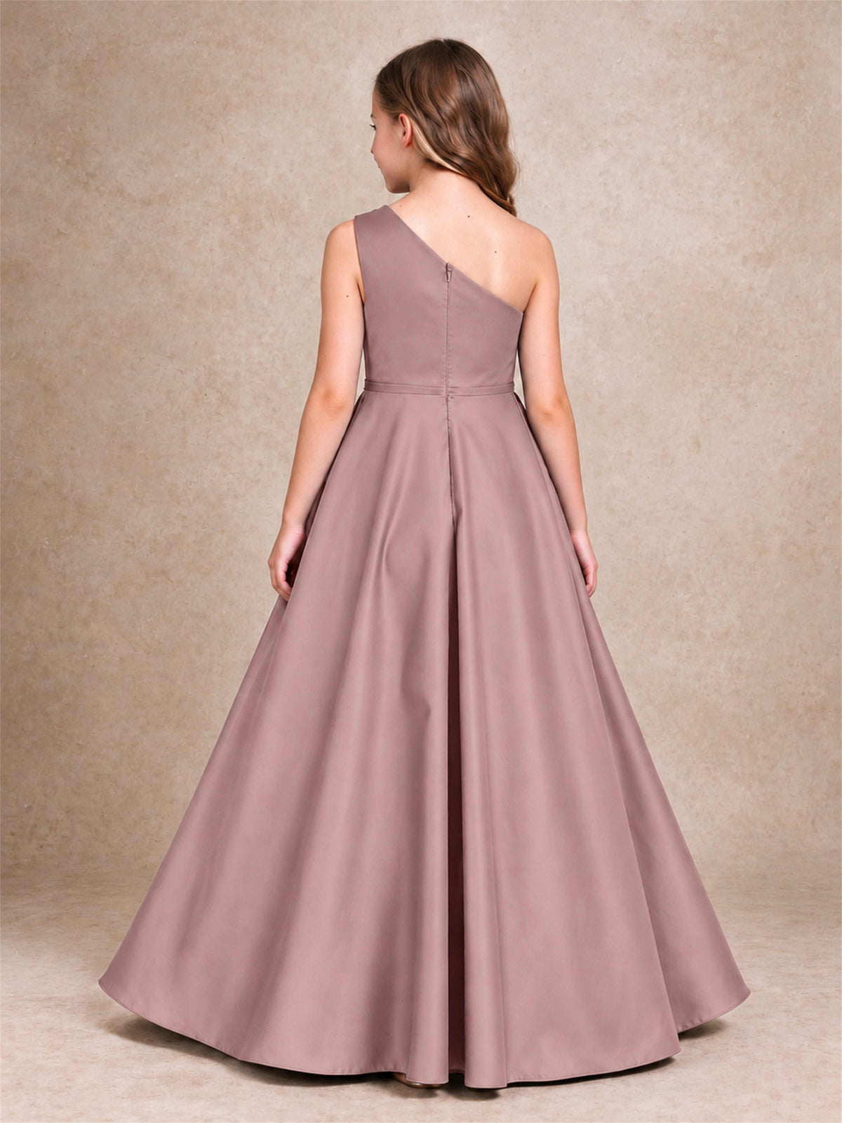 One Shoulder Satin Junior Bridesmaid Dress Lace Applique High Low Wedding Gown
