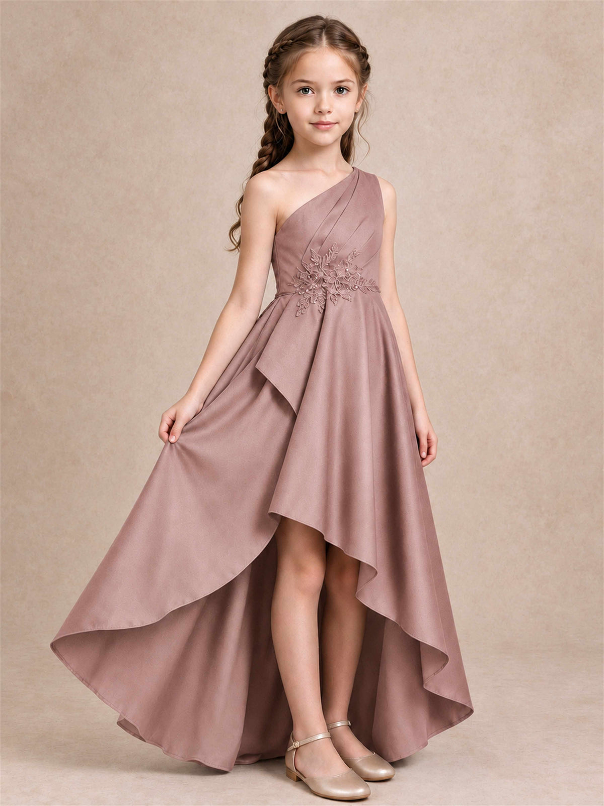One Shoulder Satin Junior Bridesmaid Dress Lace Applique High Low Wedding Gown