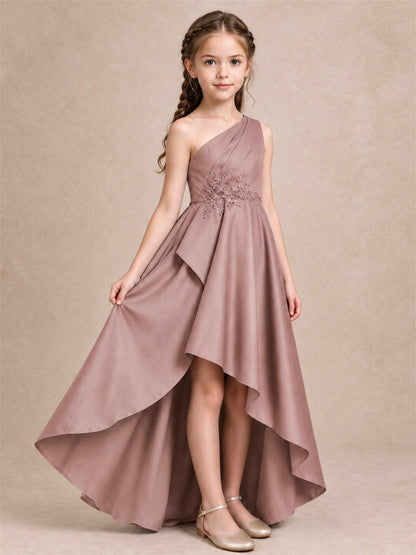 One Shoulder Satin Junior Bridesmaid Dress Lace Applique High Low Wedding Gown