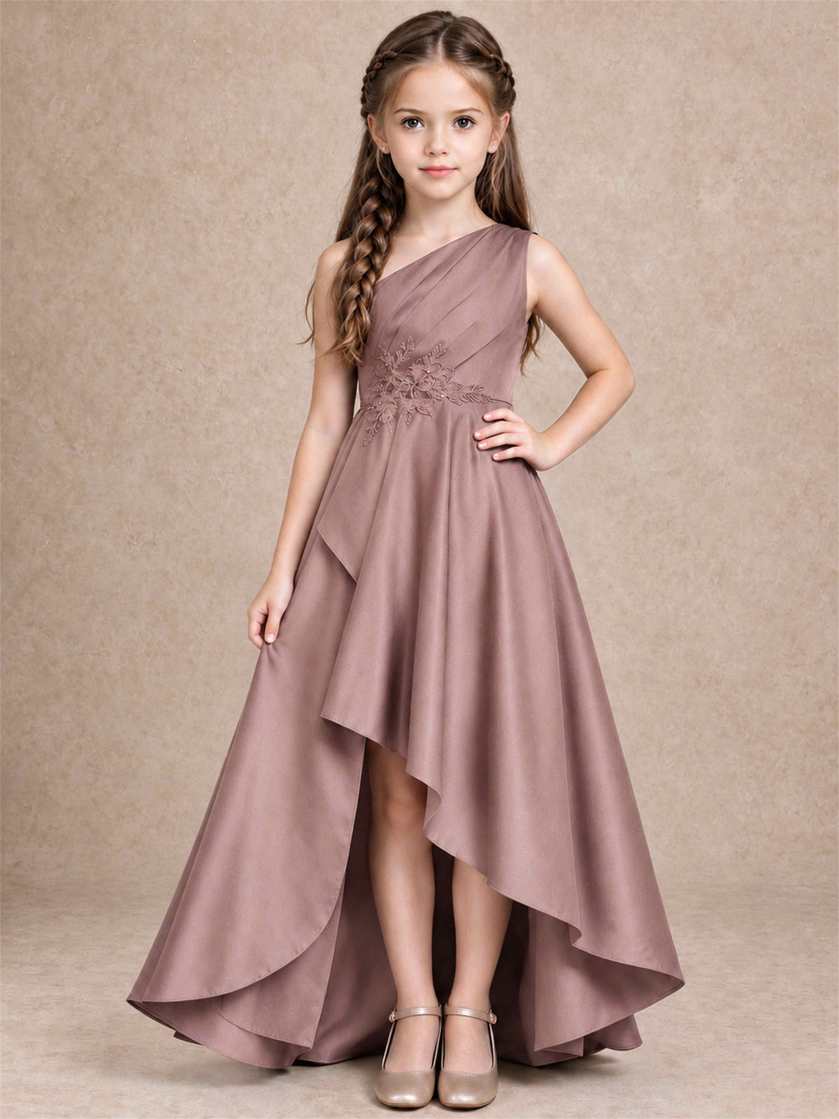 One Shoulder Satin Junior Bridesmaid Dress Lace Applique High Low Wedding Gown