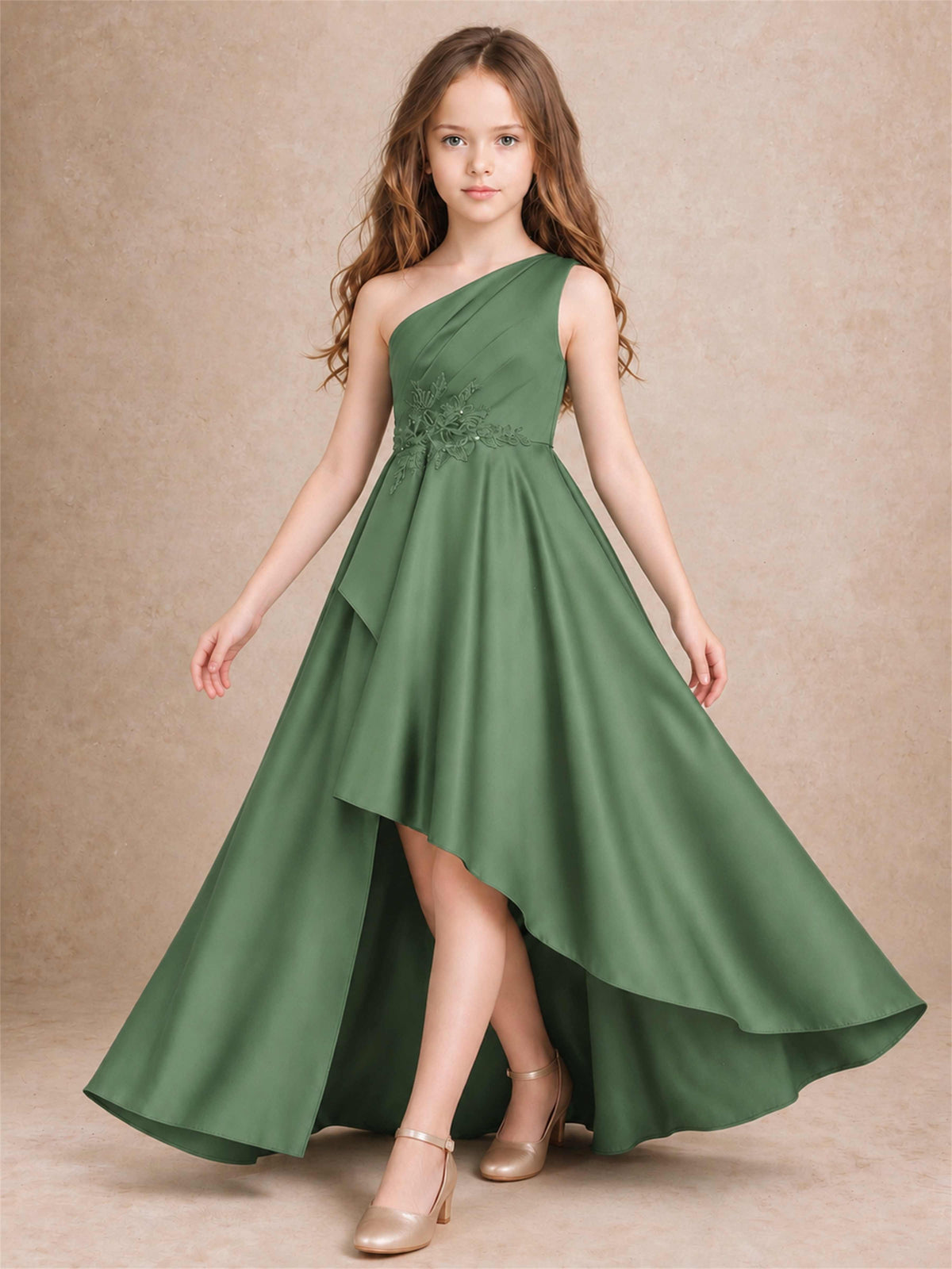 One Shoulder Satin Junior Bridesmaid Dress Lace Applique High Low Wedding Gown