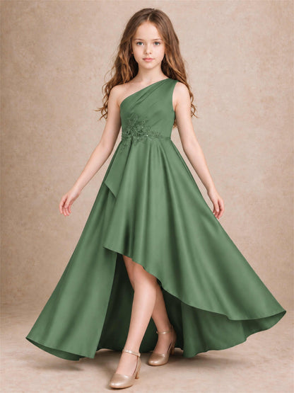 One Shoulder Satin Junior Bridesmaid Dress Lace Applique High Low Wedding Gown