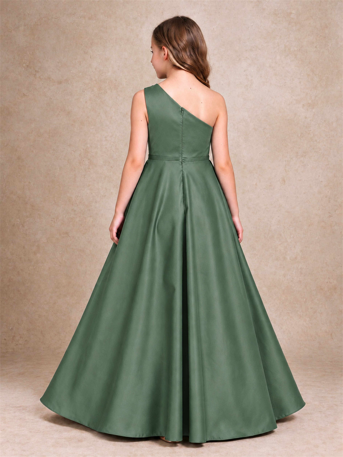 One Shoulder Satin Junior Bridesmaid Dress Lace Applique High Low Wedding Gown