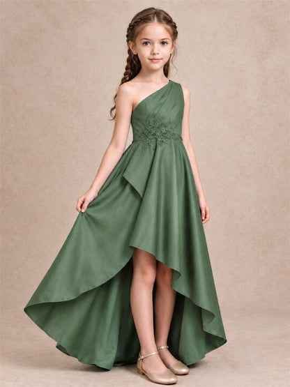 One Shoulder Satin Junior Bridesmaid Dress Lace Applique High Low Wedding Gown
