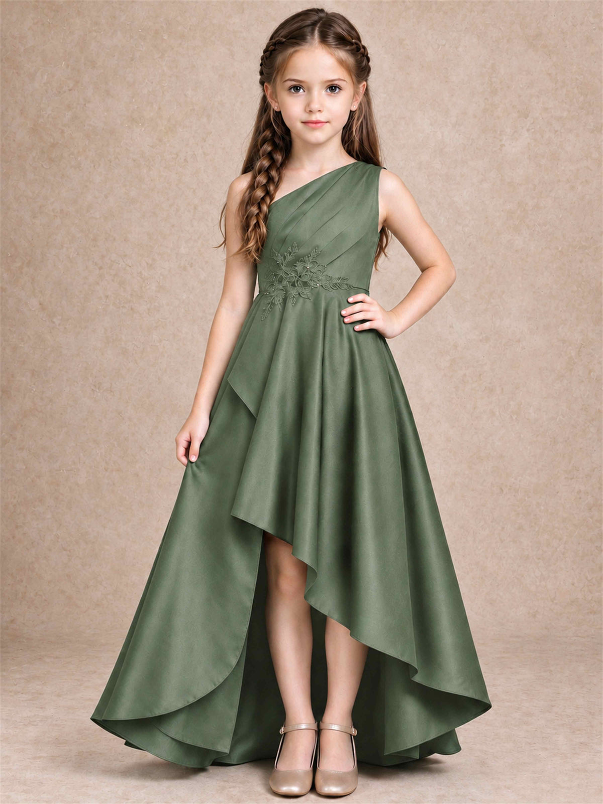 One Shoulder Satin Junior Bridesmaid Dress Lace Applique High Low Wedding Gown