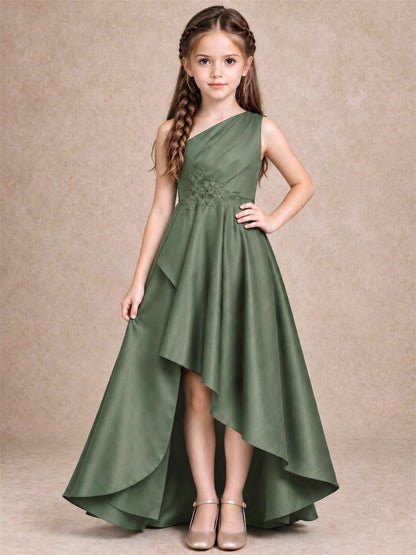 One Shoulder Satin Junior Bridesmaid Dress Lace Applique High Low Wedding Gown