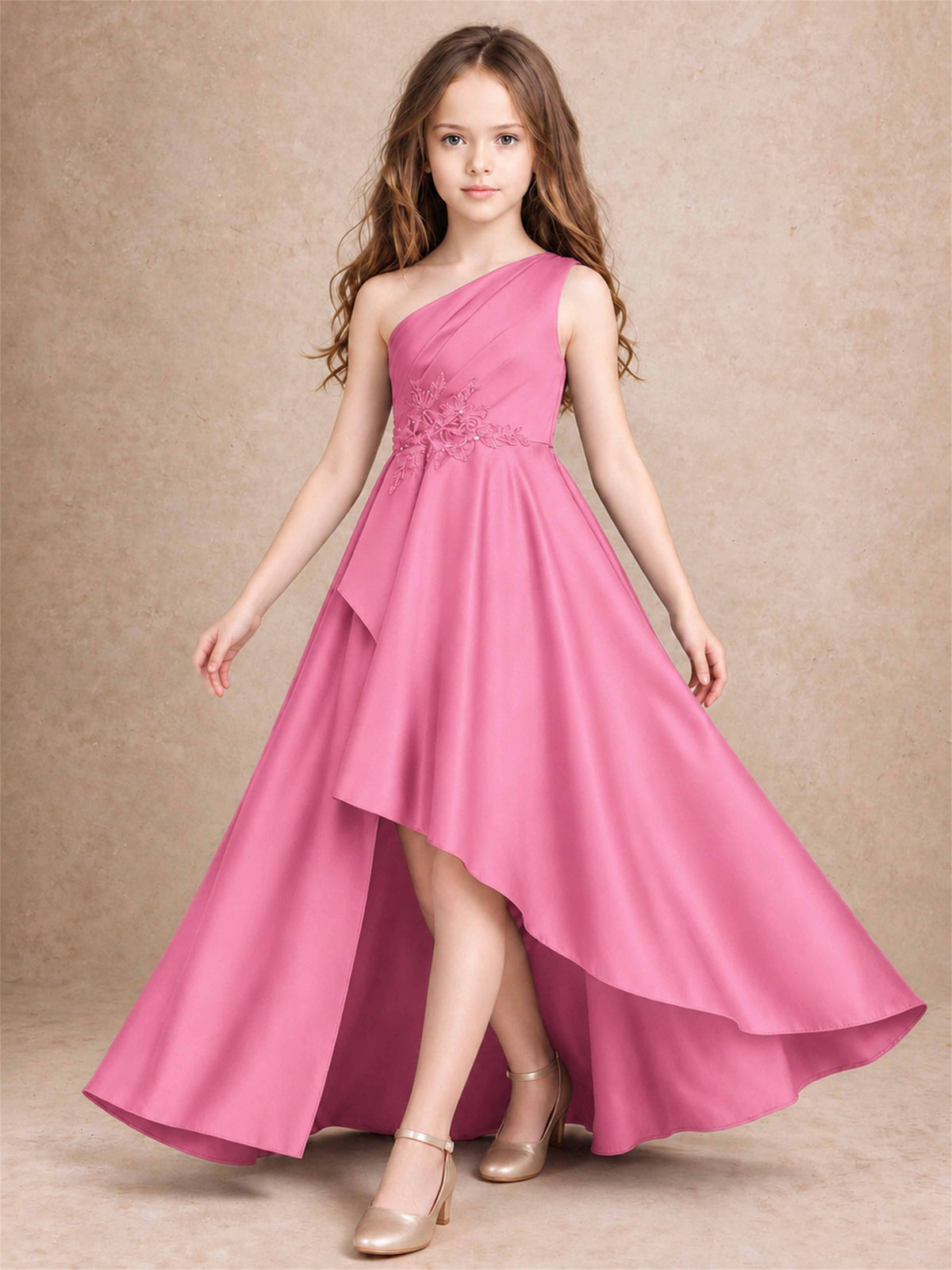 One Shoulder Satin Junior Bridesmaid Dress Lace Applique High Low Wedding Gown