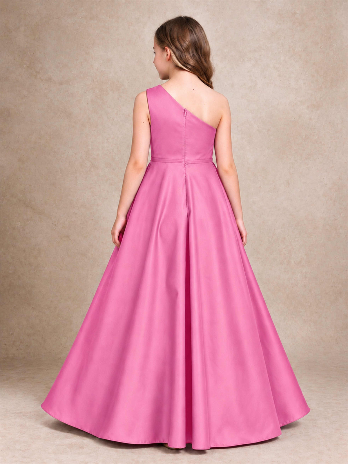 One Shoulder Satin Junior Bridesmaid Dress Lace Applique High Low Wedding Gown
