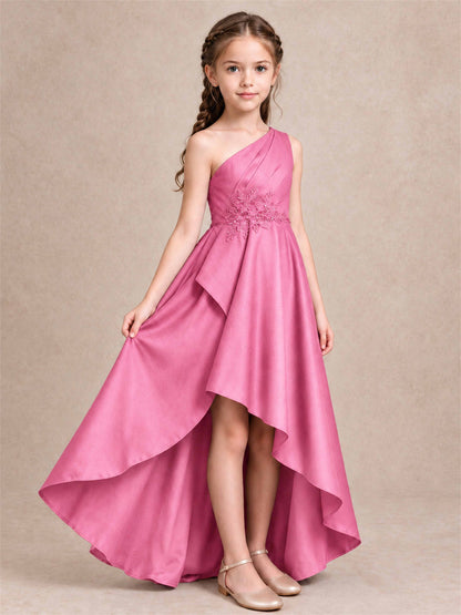 One Shoulder Satin Junior Bridesmaid Dress Lace Applique High Low Wedding Gown