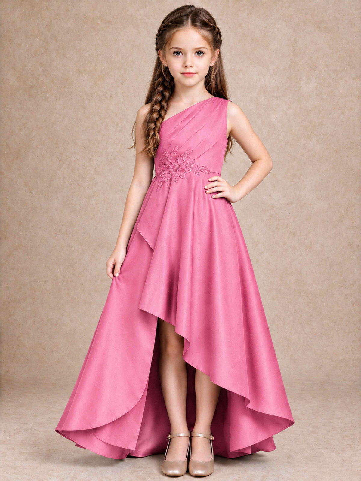 One Shoulder Satin Junior Bridesmaid Dress Lace Applique High Low Wedding Gown