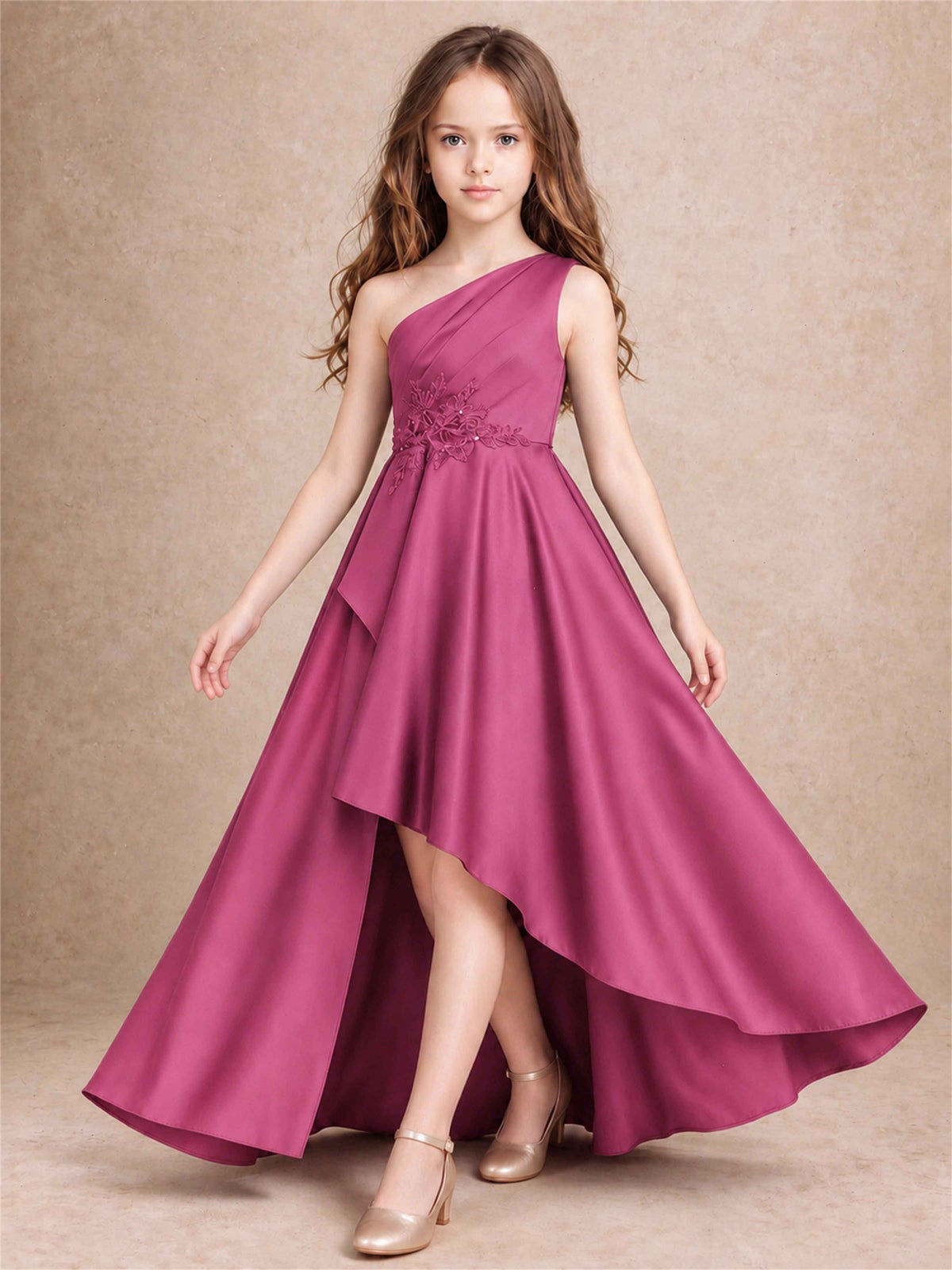 One Shoulder Satin Junior Bridesmaid Dress Lace Applique High Low Wedding Gown