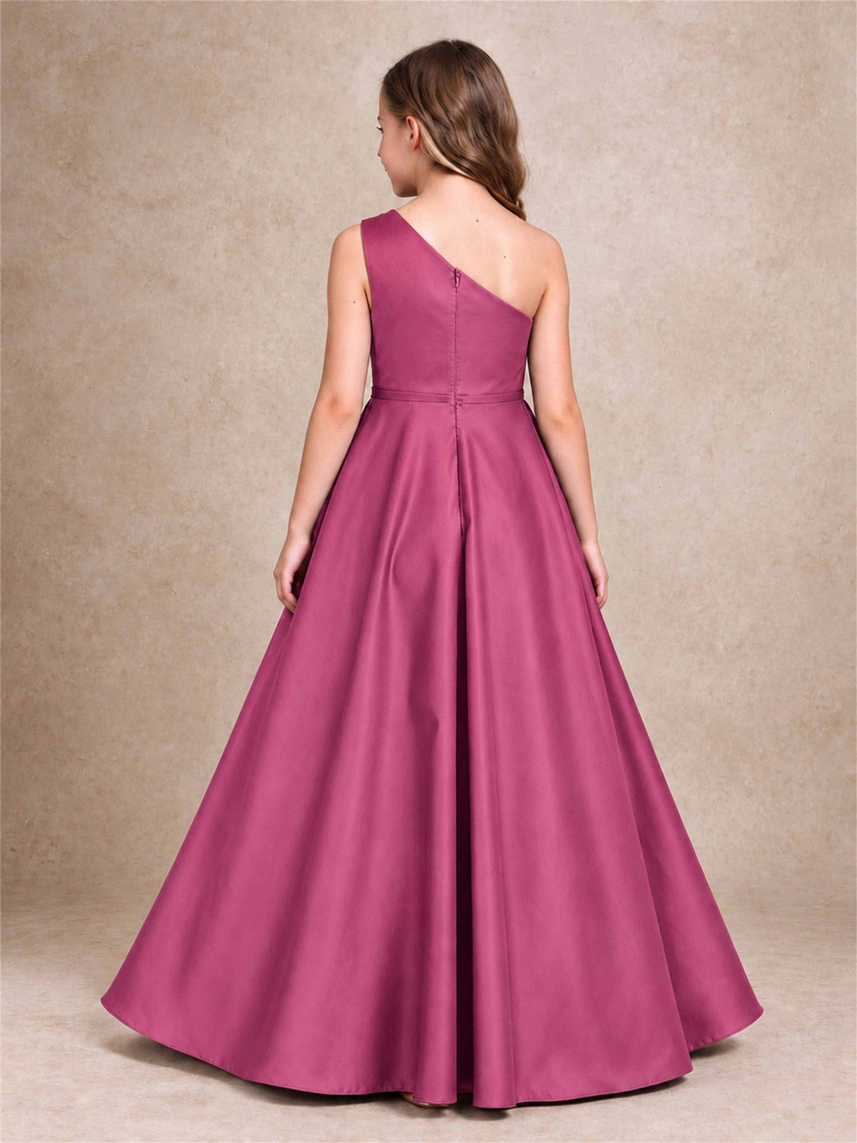 One Shoulder Satin Junior Bridesmaid Dress Lace Applique High Low Wedding Gown
