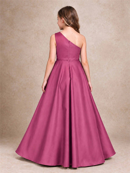 One Shoulder Satin Junior Bridesmaid Dress Lace Applique High Low Wedding Gown