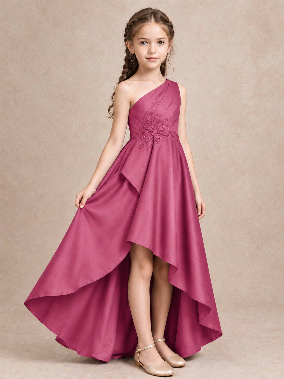 One Shoulder Satin Junior Bridesmaid Dress Lace Applique High Low Wedding Gown
