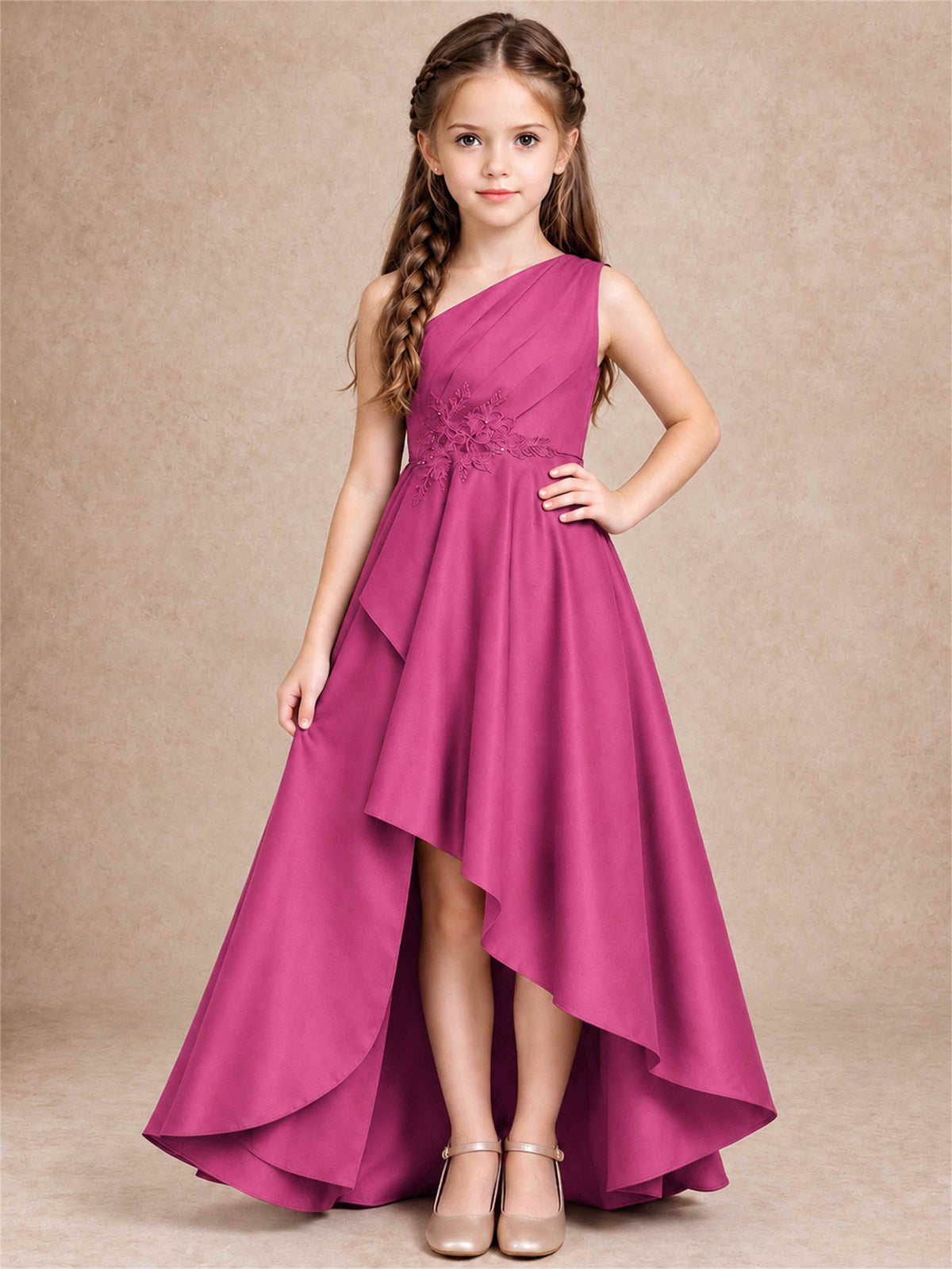 One Shoulder Satin Junior Bridesmaid Dress Lace Applique High Low Wedding Gown