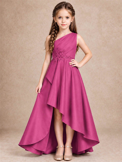 One Shoulder Satin Junior Bridesmaid Dress Lace Applique High Low Wedding Gown