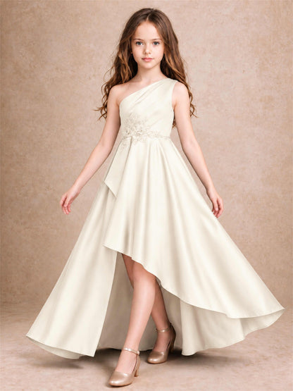 One Shoulder Satin Junior Bridesmaid Dress Lace Applique High Low Wedding Gown