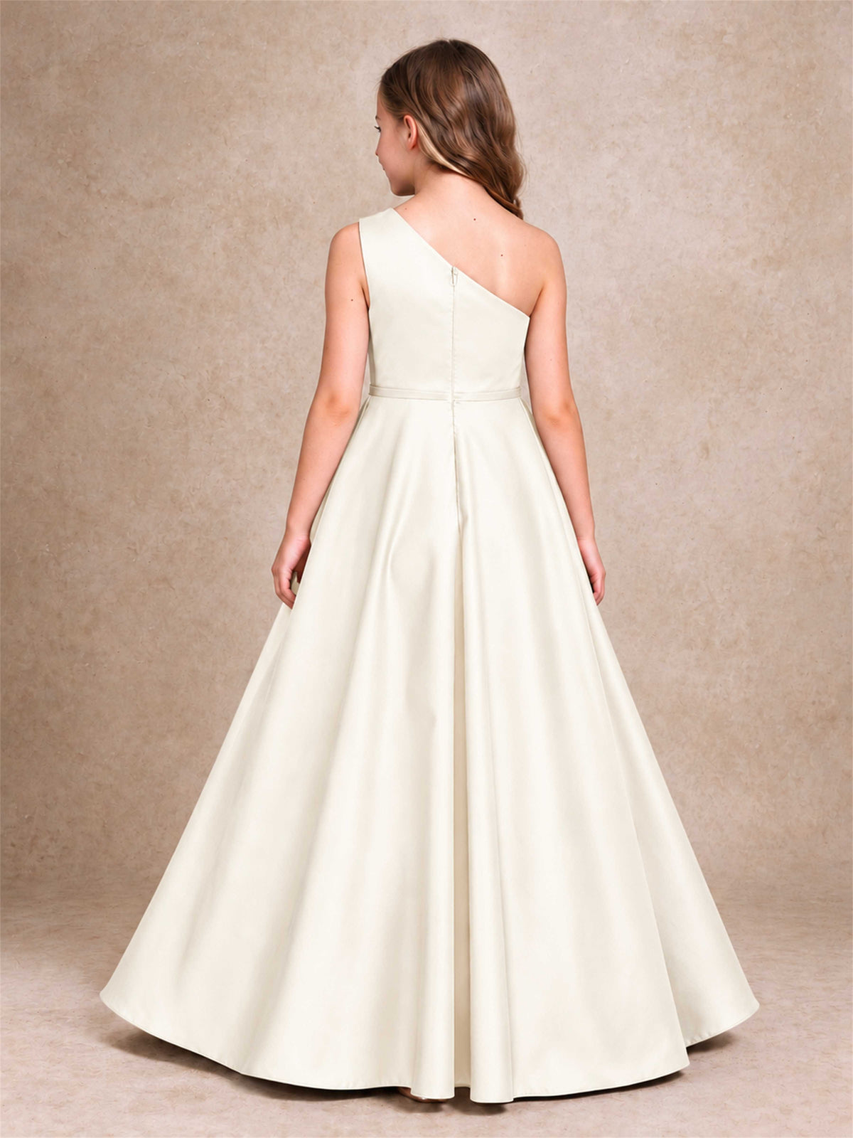 One Shoulder Satin Junior Bridesmaid Dress Lace Applique High Low Wedding Gown
