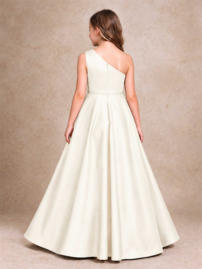 One Shoulder Satin Junior Bridesmaid Dress Lace Applique High Low Wedding Gown