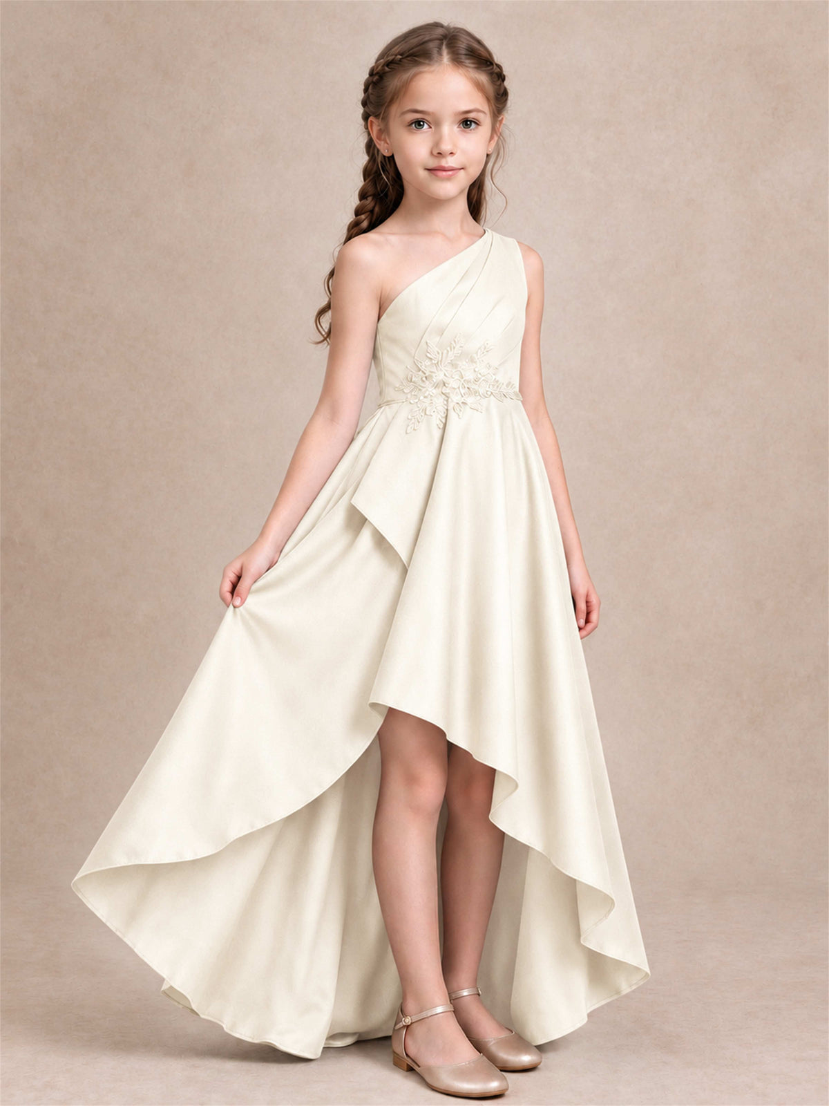 One Shoulder Satin Junior Bridesmaid Dress Lace Applique High Low Wedding Gown
