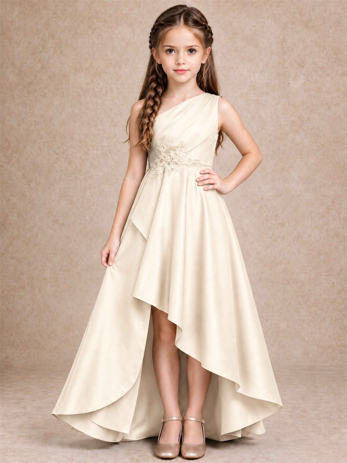 One Shoulder Satin Junior Bridesmaid Dress Lace Applique High Low Wedding Gown
