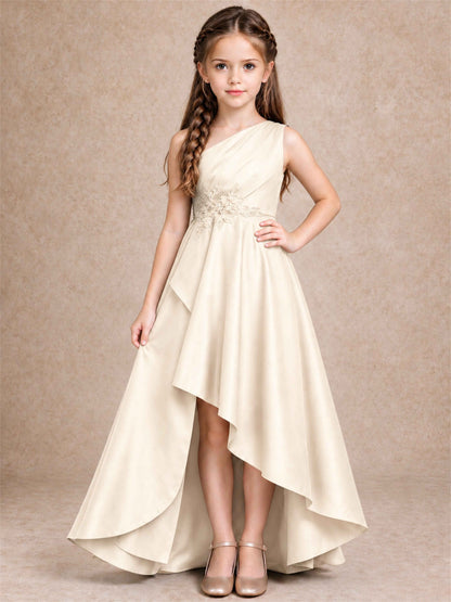 One Shoulder Satin Junior Bridesmaid Dress Lace Applique High Low Wedding Gown