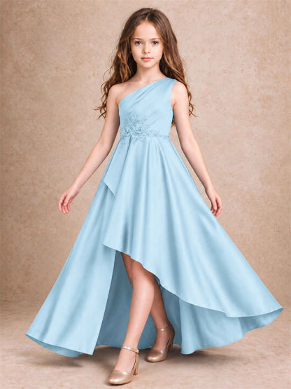 One Shoulder Satin Junior Bridesmaid Dress Lace Applique High Low Wedding Gown