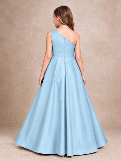One Shoulder Satin Junior Bridesmaid Dress Lace Applique High Low Wedding Gown