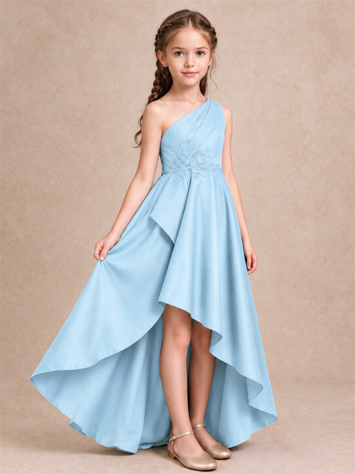 One Shoulder Satin Junior Bridesmaid Dress Lace Applique High Low Wedding Gown