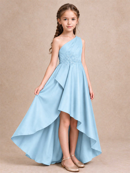 One Shoulder Satin Junior Bridesmaid Dress Lace Applique High Low Wedding Gown