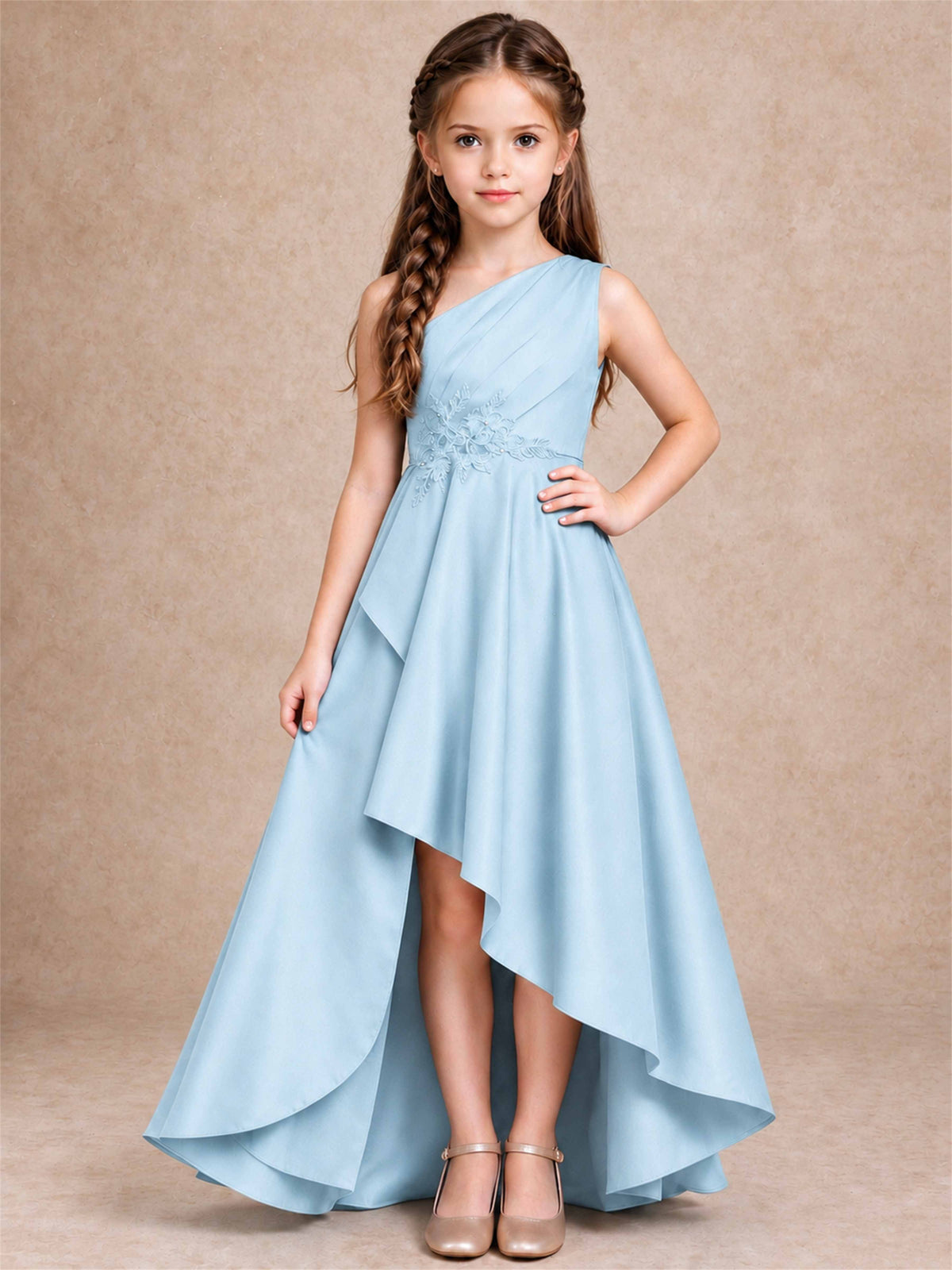 One Shoulder Satin Junior Bridesmaid Dress Lace Applique High Low Wedding Gown