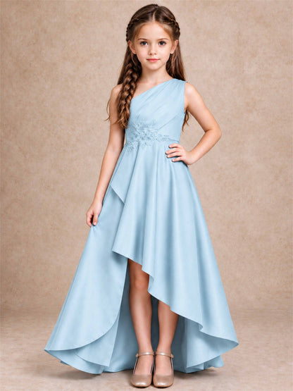 One Shoulder Satin Junior Bridesmaid Dress Lace Applique High Low Wedding Gown