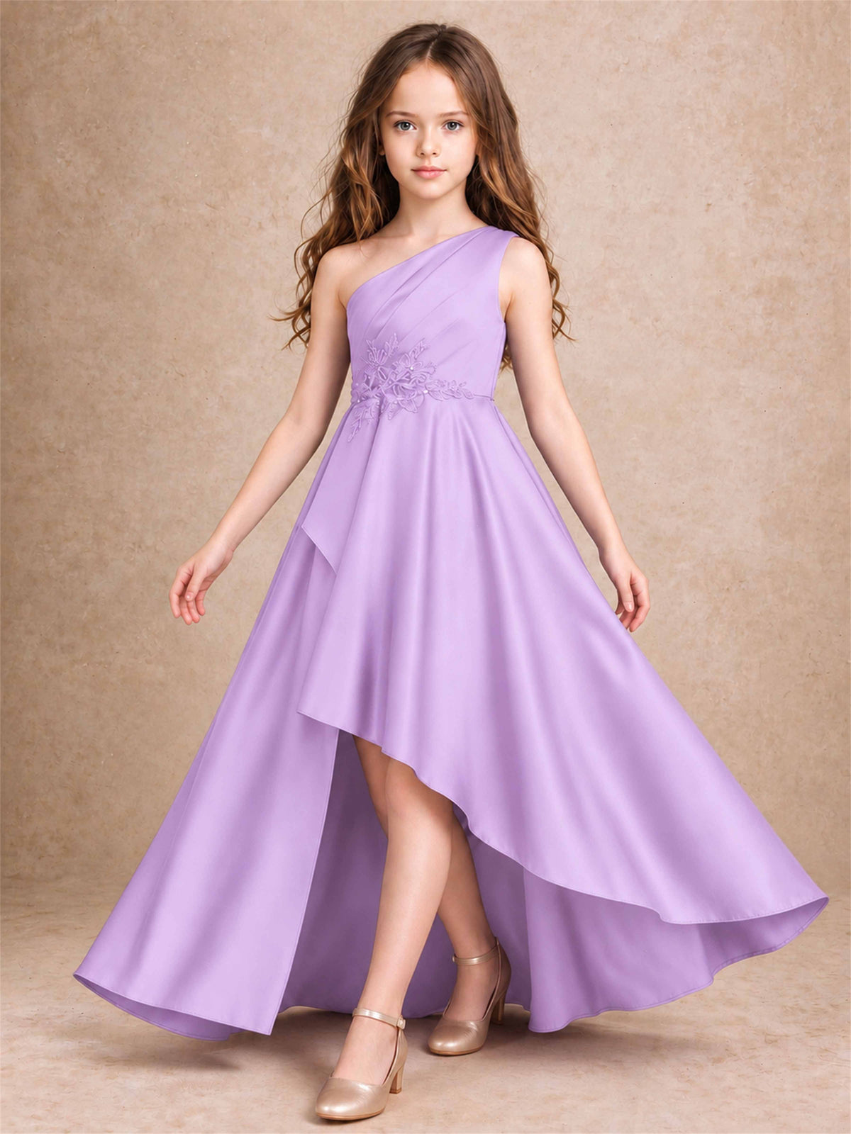 One Shoulder Satin Junior Bridesmaid Dress Lace Applique High Low Wedding Gown