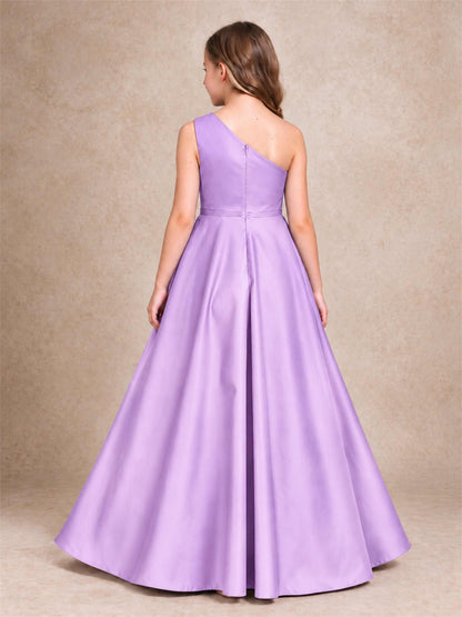 One Shoulder Satin Junior Bridesmaid Dress Lace Applique High Low Wedding Gown