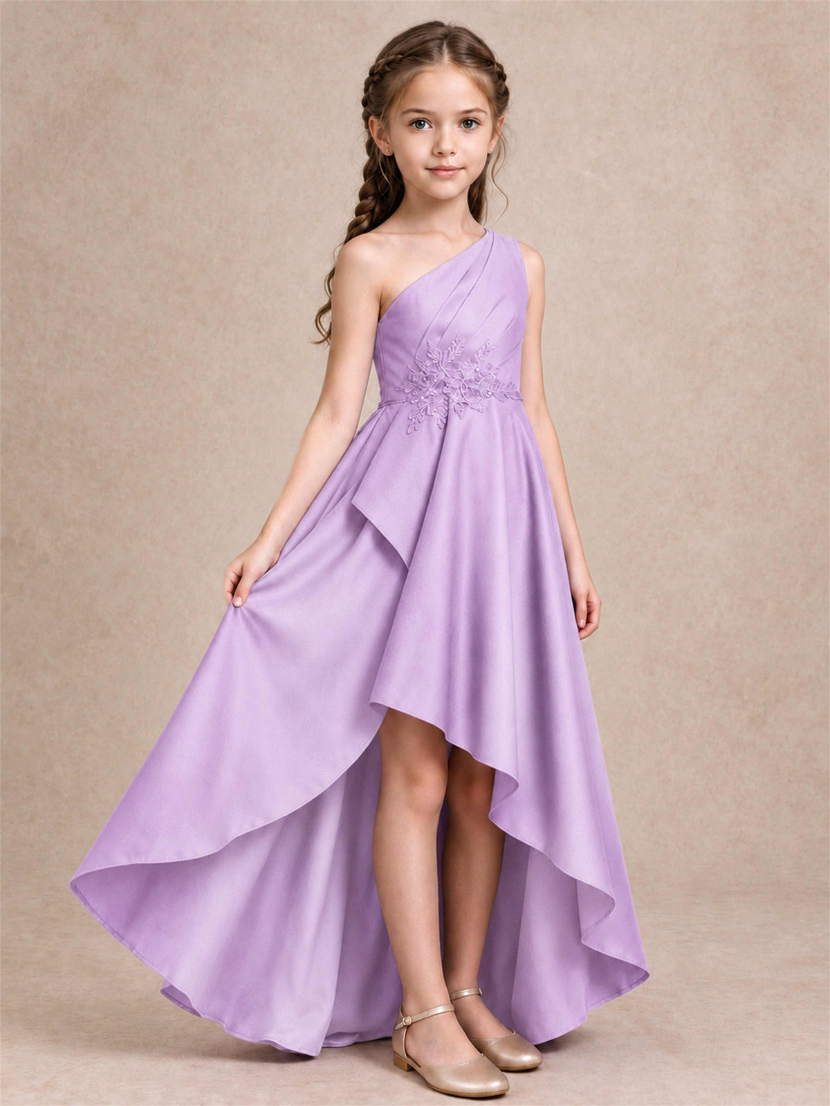 One Shoulder Satin Junior Bridesmaid Dress Lace Applique High Low Wedding Gown