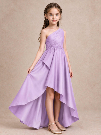 One Shoulder Satin Junior Bridesmaid Dress Lace Applique High Low Wedding Gown