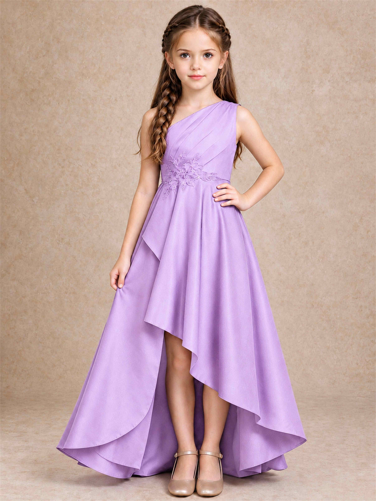 One Shoulder Satin Junior Bridesmaid Dress Lace Applique High Low Wedding Gown