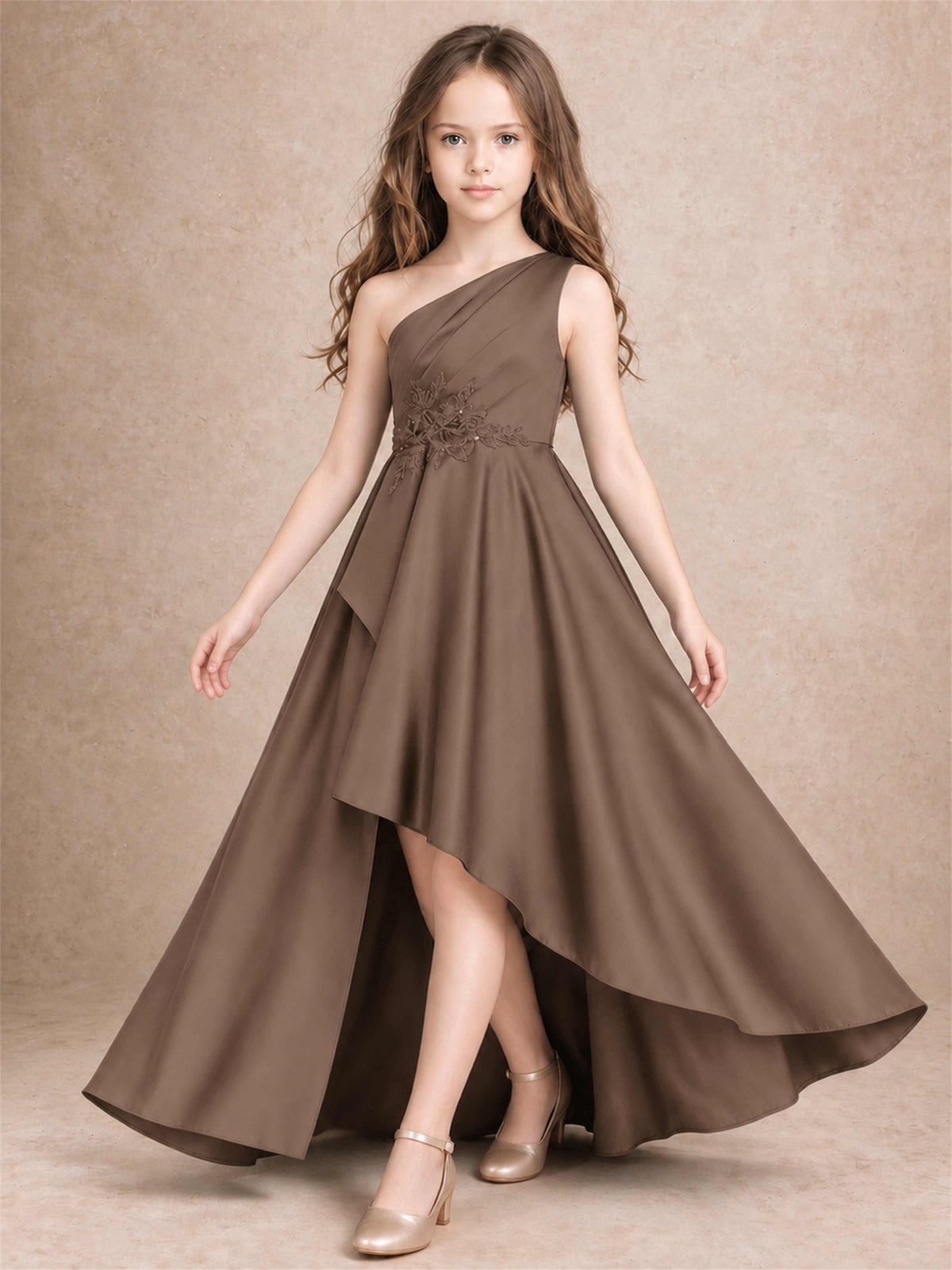 One Shoulder Satin Junior Bridesmaid Dress Lace Applique High Low Wedding Gown