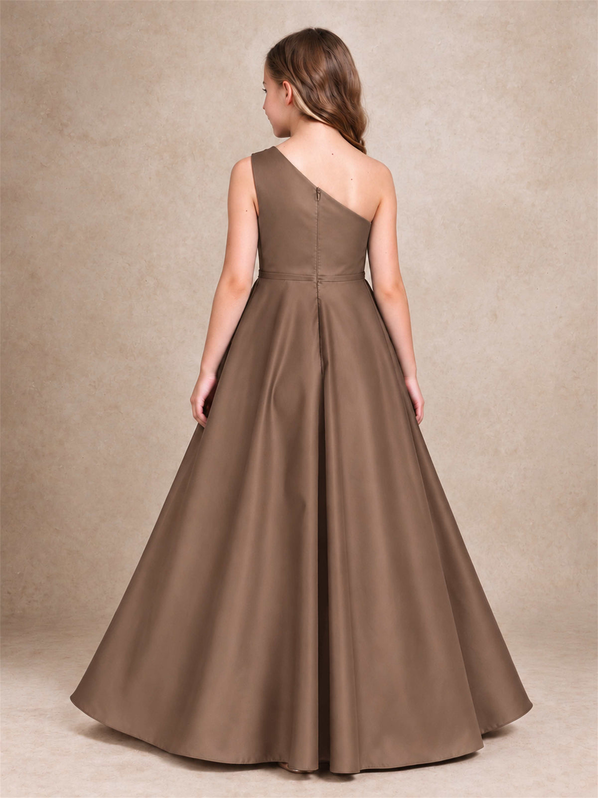 One Shoulder Satin Junior Bridesmaid Dress Lace Applique High Low Wedding Gown