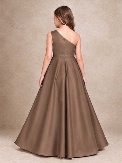 One Shoulder Satin Junior Bridesmaid Dress Lace Applique High Low Wedding Gown