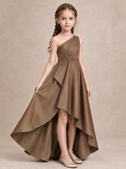 One Shoulder Satin Junior Bridesmaid Dress Lace Applique High Low Wedding Gown