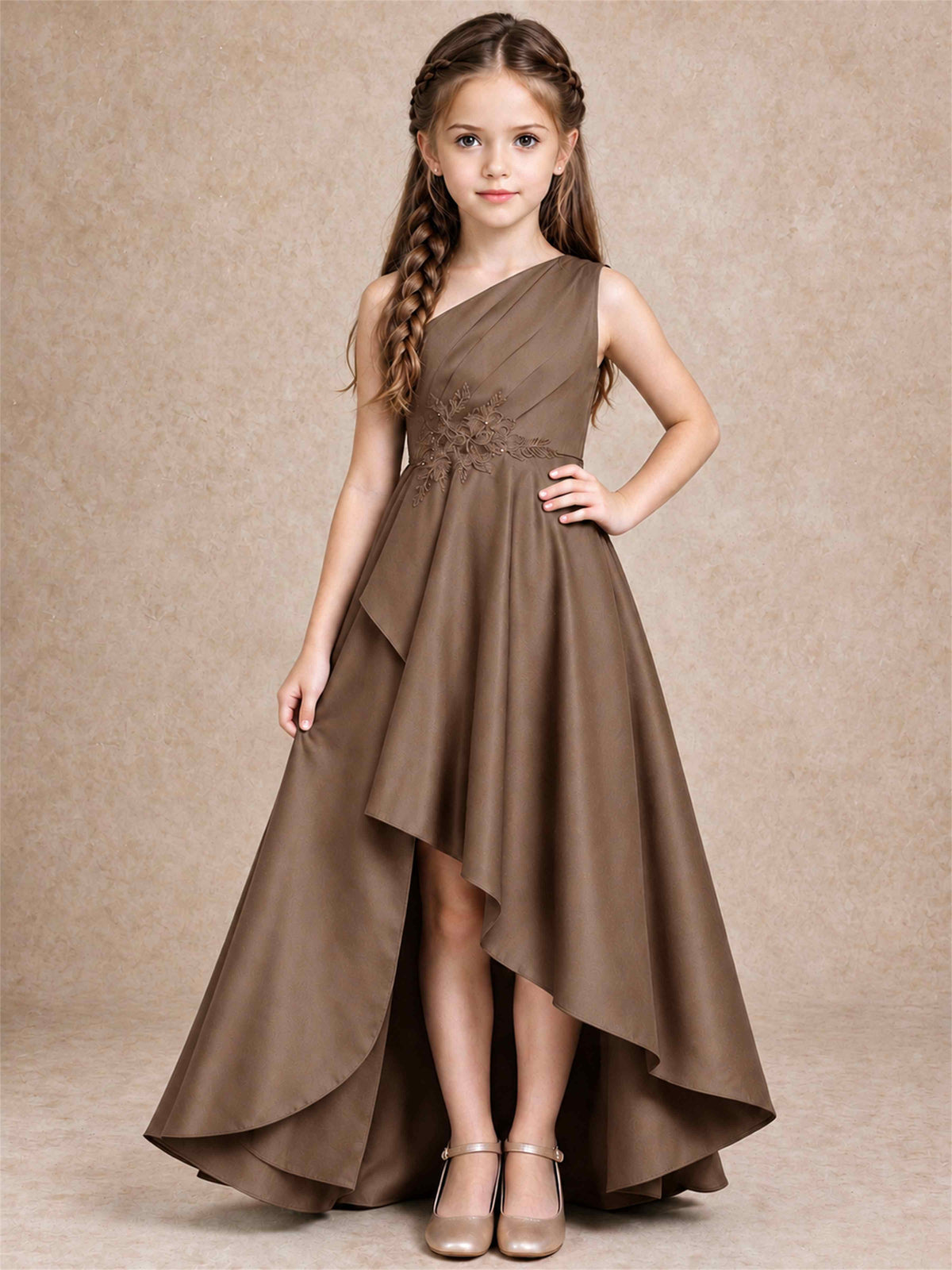 One Shoulder Satin Junior Bridesmaid Dress Lace Applique High Low Wedding Gown
