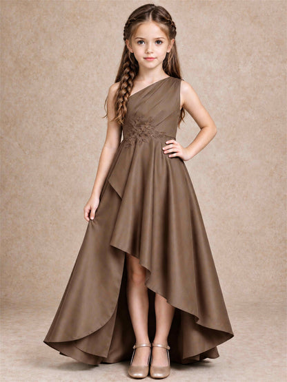 One Shoulder Satin Junior Bridesmaid Dress Lace Applique High Low Wedding Gown